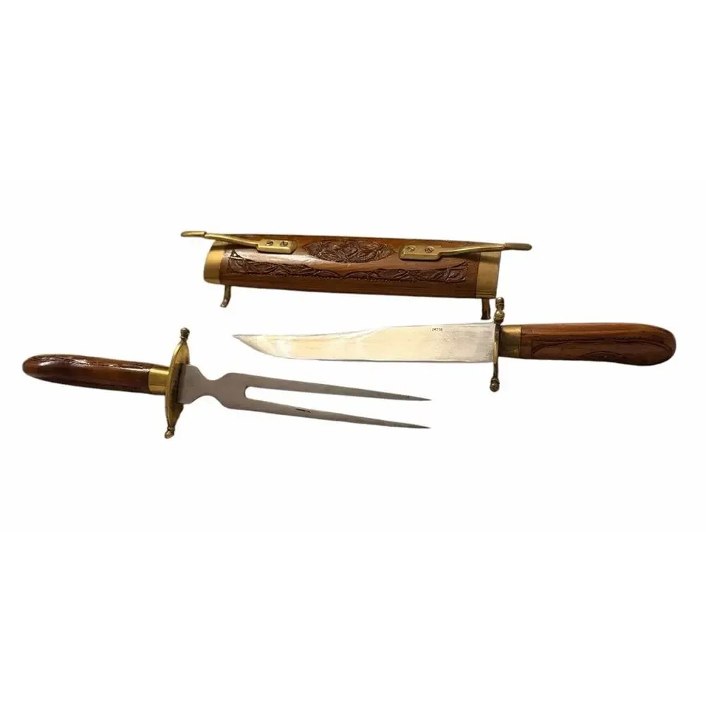 Vintage HAND CARVED Knife & Fork Carving Set Wood & Brass Sheath India 3707-66